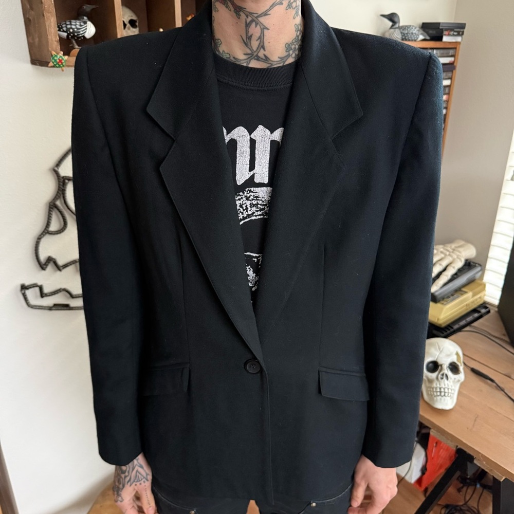 ๐ SOLD ๐ Vintage 80s Black Worsted Wool Single Button Blazer by Prophecy ~ Small - Picture 1 of 8
